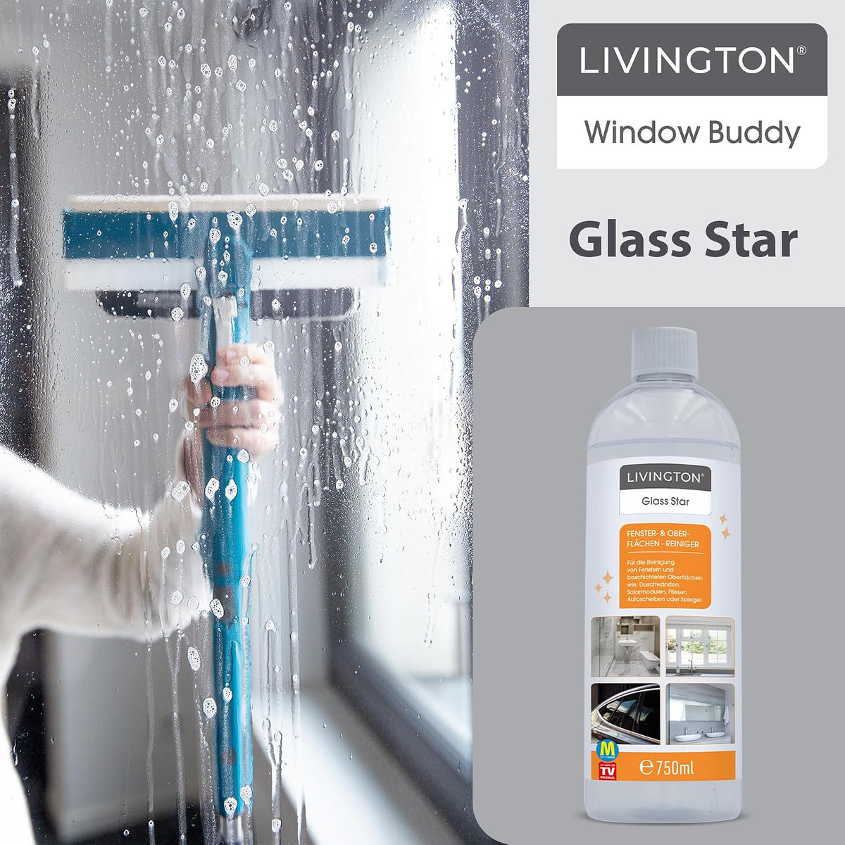 Nettoyant pour vitres et surfaces Livington GlassStar, 2 x 750 ml - Pour le Livington Window Buddy - Nettoyage sans traces - Sans parfum