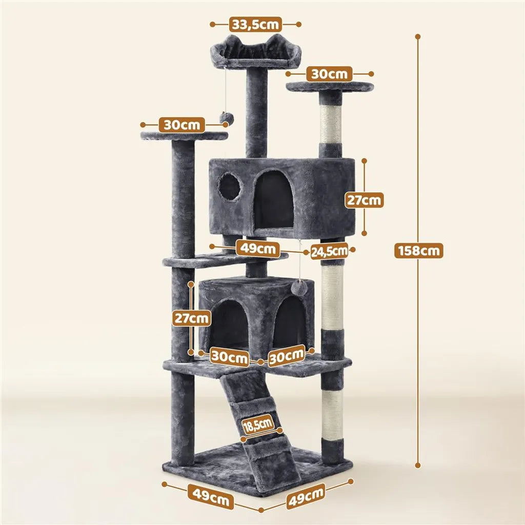Yaheetech Scratch Post Dark Grey - 158 cm de haut - avec 3 plateformes d'observation et 2 maisons pour chats