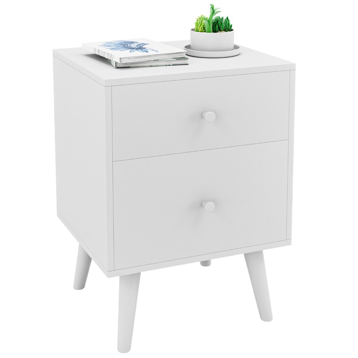 Coast Table de chevet 2 tiroirs 45x40x62 cm - Commode en bois blanc avec pieds en bois massif d'hévéa