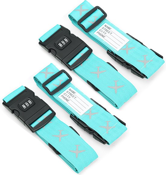 Sangle de bagage avec serrure à combinaison - Sangle de bagage - Serrure de bagage - Etiquette de bagage incluse - Bleu - 2 pièces