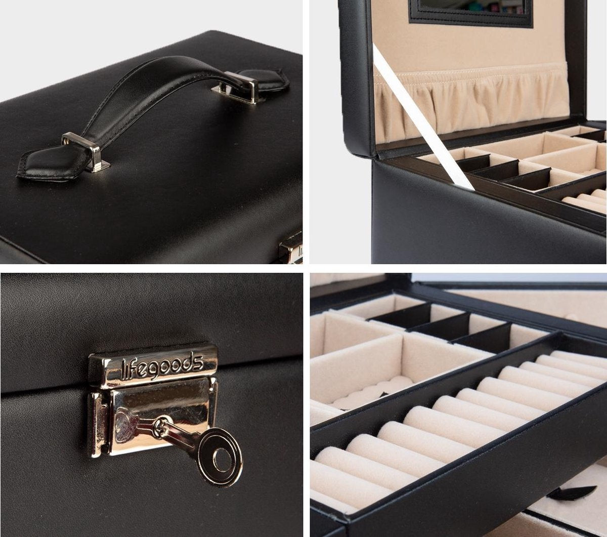 LifeGoods Boîte à bijoux XL - Boîte à bijoux - 20 compartiments - Noir/Beige