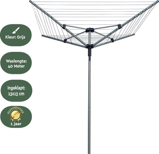 BRASQ Drying Tower Grey - 40 metres - Tour de séchage pliable - Tour de séchage avec ancrage au sol et housse de protection - Support de séchage