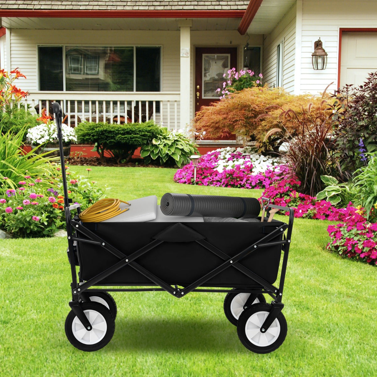 Chariot pliable - Capacité jusqu'à 68 kg - Avec poignée de poussée et de traction réglable, porte-gobelets et cadre en acier - Noir