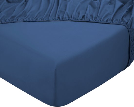Drap-housse DoubleDry 100 % coton naturel - Double 180 x 200 cm - Doux et respirant - Élastique sur tout le pourtour - Bleu Yale