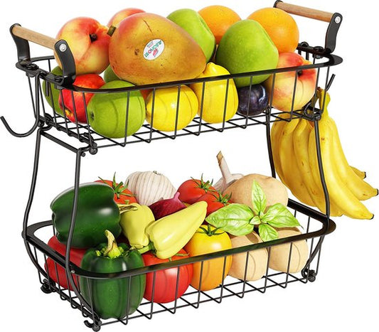 Posity Fruit Bowl 2 Layer - Fruit Basket - Fruit Etagere - Vegetable Basket - Wire Basket - With Banana Holder - Wood & Metal - Black