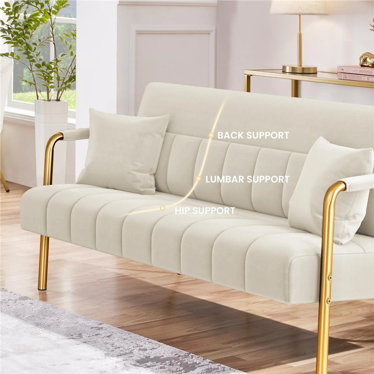 Canapé 2 places rembourré avec accoudoirs et pieds en métal, beige, 143,5 × 71,5 × 75,5 cm