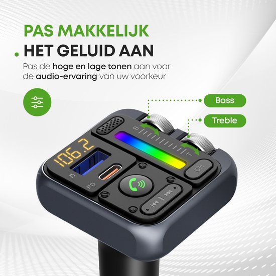 iSetchi Bluetooth FM Transmitter - Quick Charge 3.0 - Carkit - USB C - Sans fil