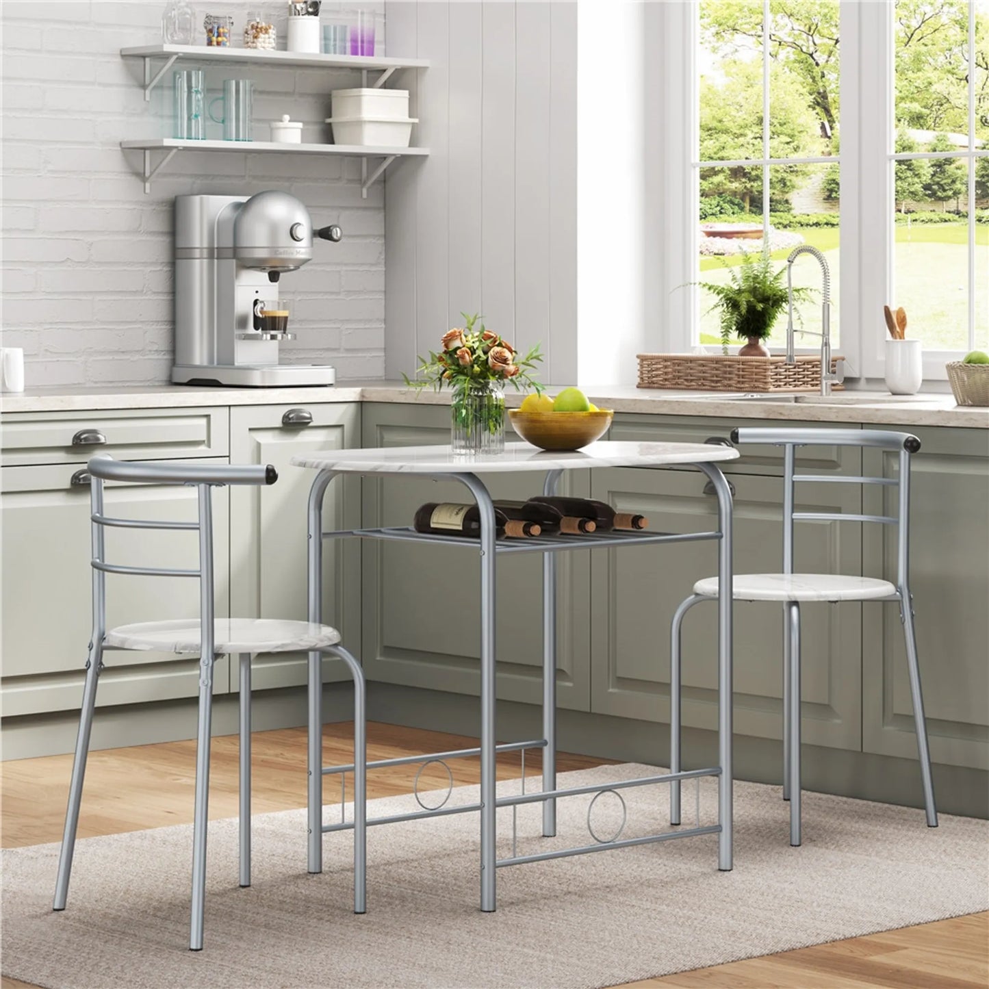 Yaheetech Table de salle à manger 3 pièces - avec rangement sous le plateau et deux chaises avec dossier et design peu encombrant - pour cuisine et balcon - Mdf blanc et métal - 90 x 53 x 75.5 cm