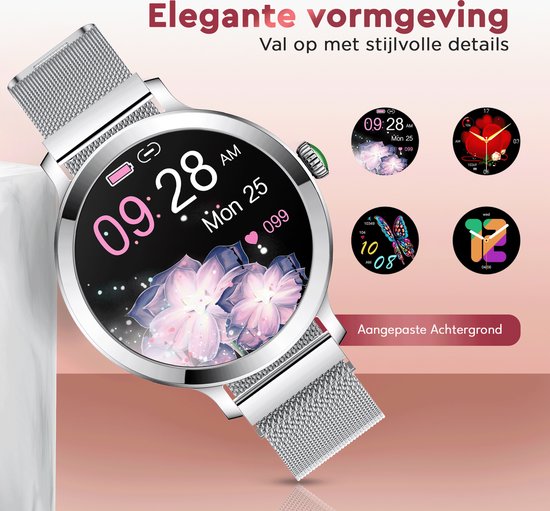 Golden Sound AMOLED Smartwatch Ladies - 3 bracelets supplémentaires - Convient à tout ordinateur portable et smartphone - Podomètre - Moniteur de sommeil - Moniteur de saturation - 40mm - Silver