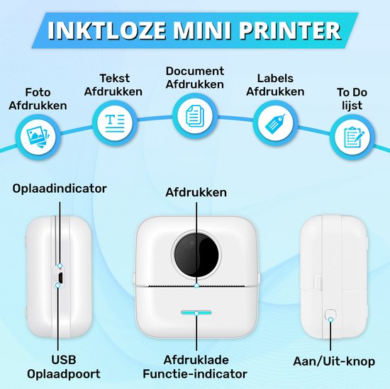 Mini imprimante pour mobile - 6 rouleaux de papier, 5 rouleaux d'autocollants, 3 rouleaux de couleur et stylos de couleur inclus - Imprimante mobile de poche - Sans encre - Sans fil - Blanc