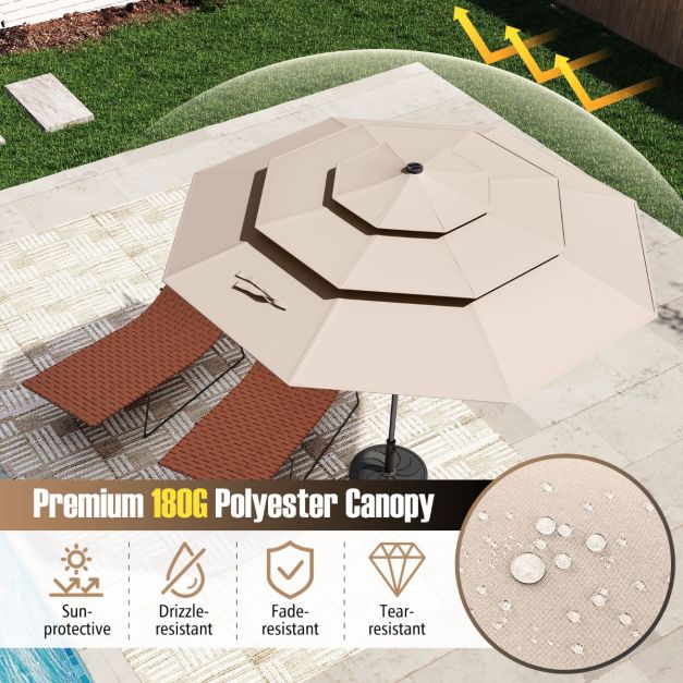 Parasol de terrasse Coast à 3 couches, Ø 313 cm - Éclairage LED solaire - Inclinable - Commande à manivelle - Beige