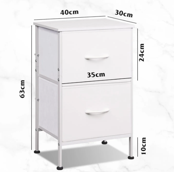 Table de chevet WLIVE à 2 tiroirs en tissu - Blanche - Structure métallique - 39,8 x 29,8 x 63,1 cm
