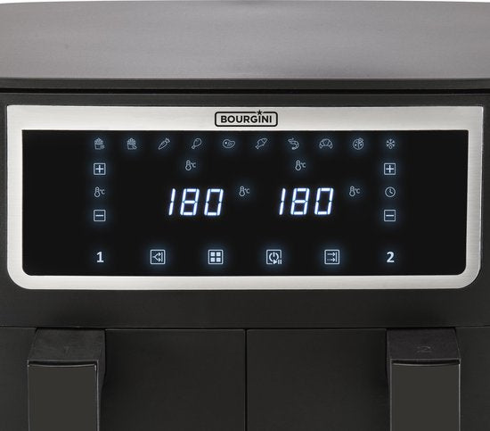 Friteuse à air chaud Bourgini Duo 2 x 4,0 L - Sans PFAS - Airfryer XXL - 2 tiroirs avec fonction de synchronisation - Écran tactile - 8 L - 2 600 W - Noir
