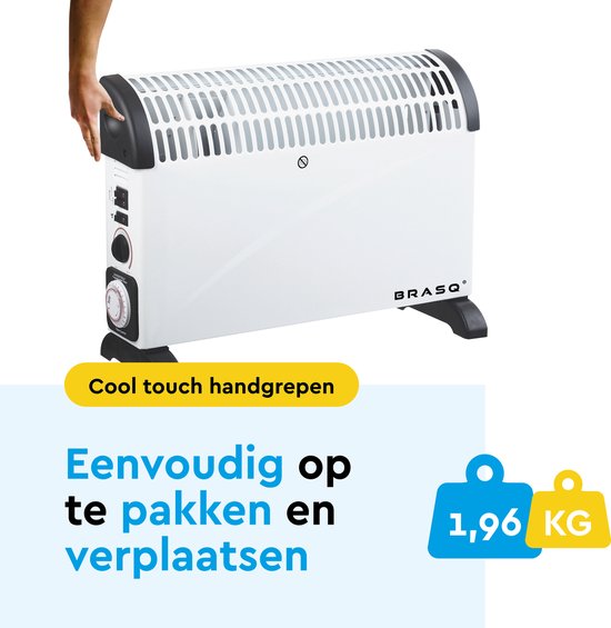 BRASQ - Convecteur électrique - Fonction turbo et thermostat réglable - Compact et silencieux - Minuterie - 750/1250-2000 watts - Chauffage avec protection contre la surchauffe - Blanc - Chauffage électrique