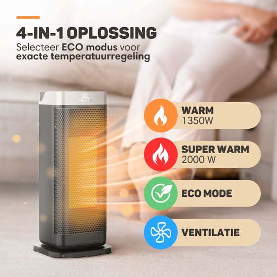 Vulpes Goods® Tech - Réchaud électrique - Réchaud à ventilateur - Réchaud en céramique - 4 niveaux - 2000W - Minuterie, télécommande et thermostat - Chauffage - Chauffage électrique pour l'intérieur - Noir