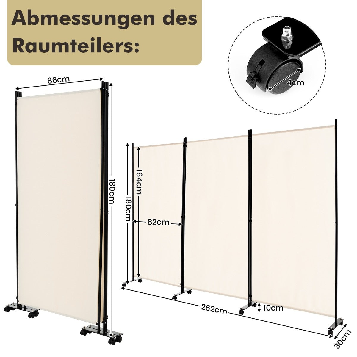 Coast 180 cm séparateur d'espace sur roues pliable paravent avec 3 panneaux librement combinés blanc