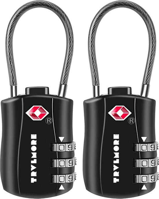 TRVLMORE Serrure de valise - Serrure de voyage TSA - Serrure - Cadenas - 3 chiffres - 2 pièces - Serrure à chiffres - Noir