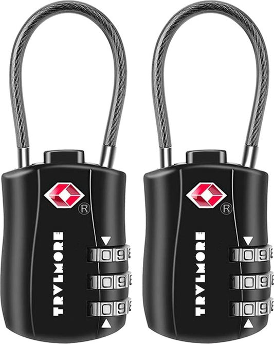 TRVLMORE Serrure de valise - Serrure de voyage TSA - Serrure - Cadenas - 3 chiffres - 2 pièces - Serrure à chiffres - Noir