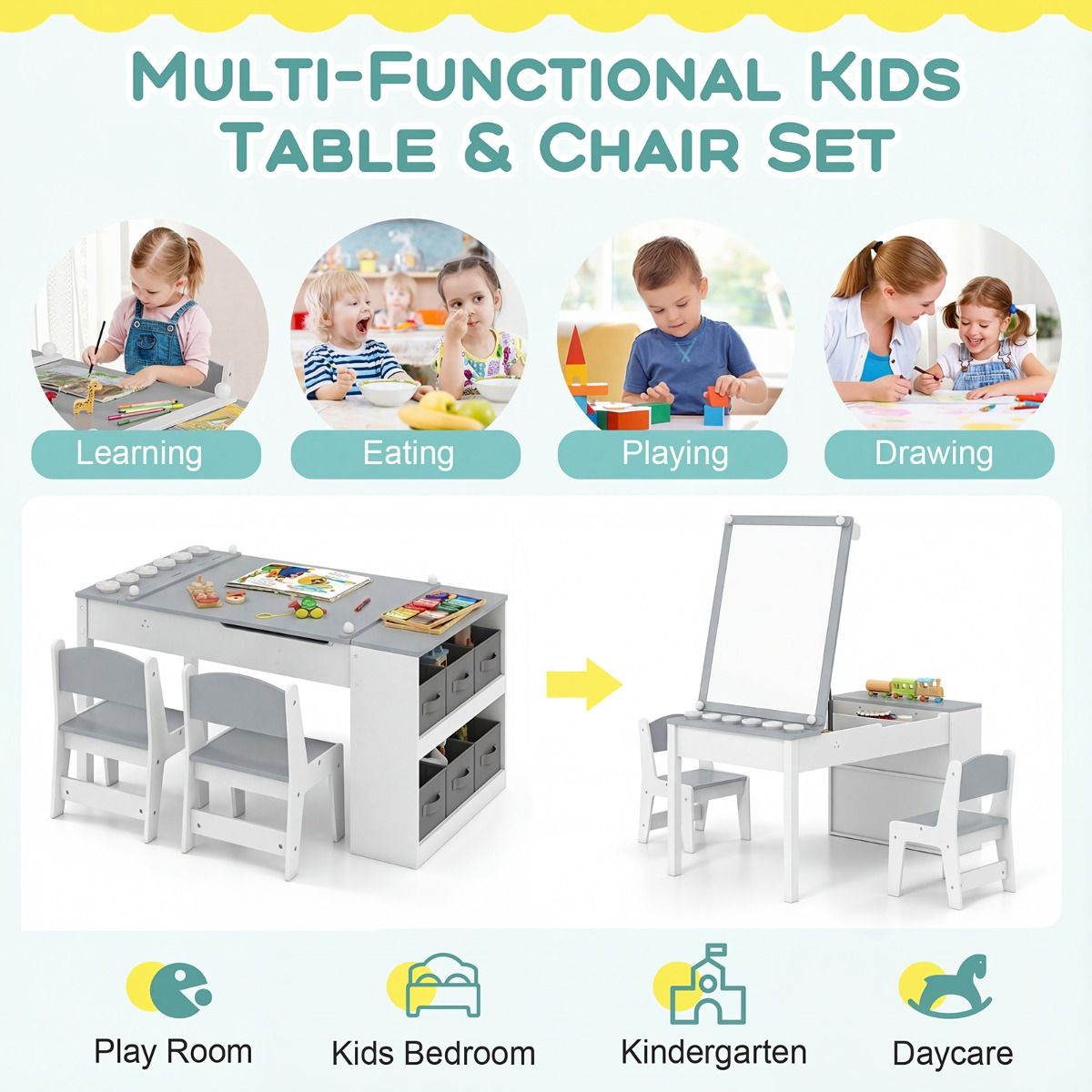 Ensemble table et chaises pour enfants Coast - Table à dessin 2-en-1 avec espace de rangement et rouleau de papier - gris