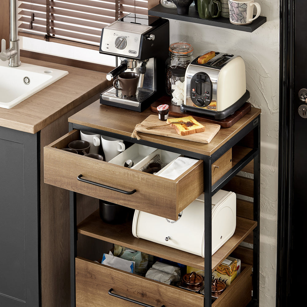 SoBuy Chariot de cuisine avec 1 étagère et 2 tiroirs - Max. 63KG - 60 x 45 x 90 cm - Couleur bois