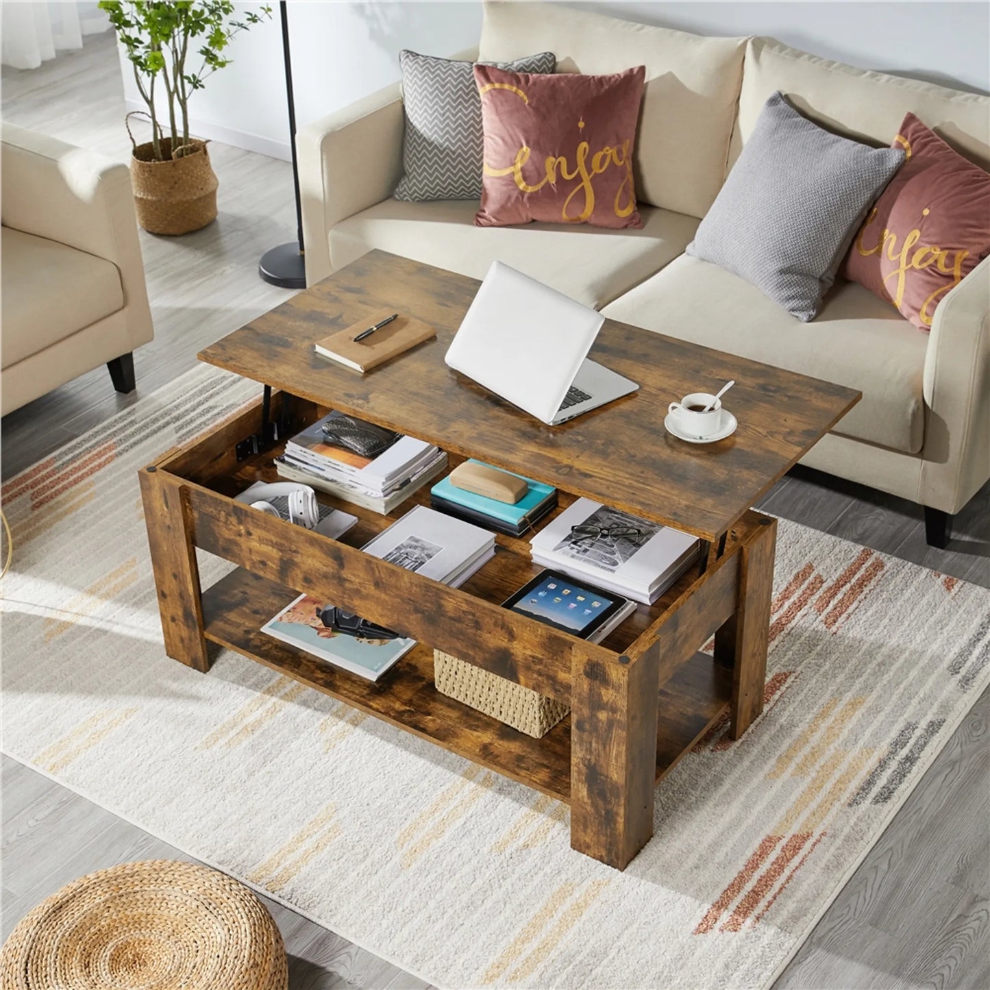 Yaheetech Table Basse avec Fonction Lift-Top - Avec Rangement Caché et Dégagement Inférieur Réglable et Mécanisme à Ressort - Pour Salon et Bureau - Mdf Marron Rouille et Métal - 120 x 59 x 49.5-62.5 cm