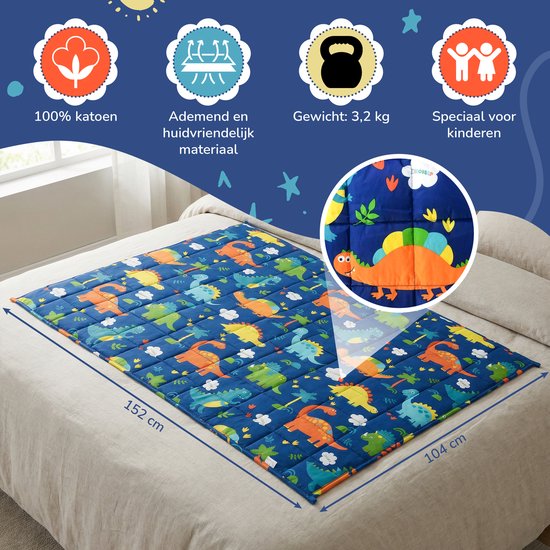 Vonia Couverture lestée Enfant 3,2 kg - Couverture lestée - 104 x 152 cm - Coton - Dino