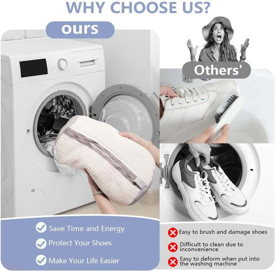 Sac à linge pour chaussures - Sac double avec fermeture éclair dissimulée - Pour utilisation en machine à laver - Nettoyage à 360 degrés - Couleur blanche