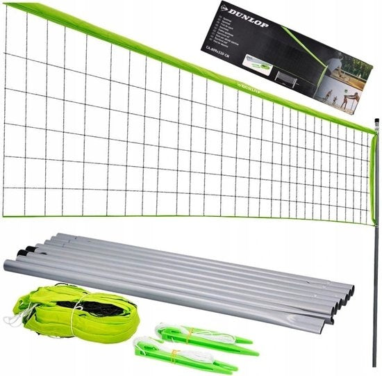 Dunlop Sports Net 609 x 220 CM - Filet de volley-ball - Filet de tennis - Filet de badminton - Set complet avec bâtons, filet, piquets de sol et cordes de tension - Utilisation multifonctionnelle - Vert/Noir