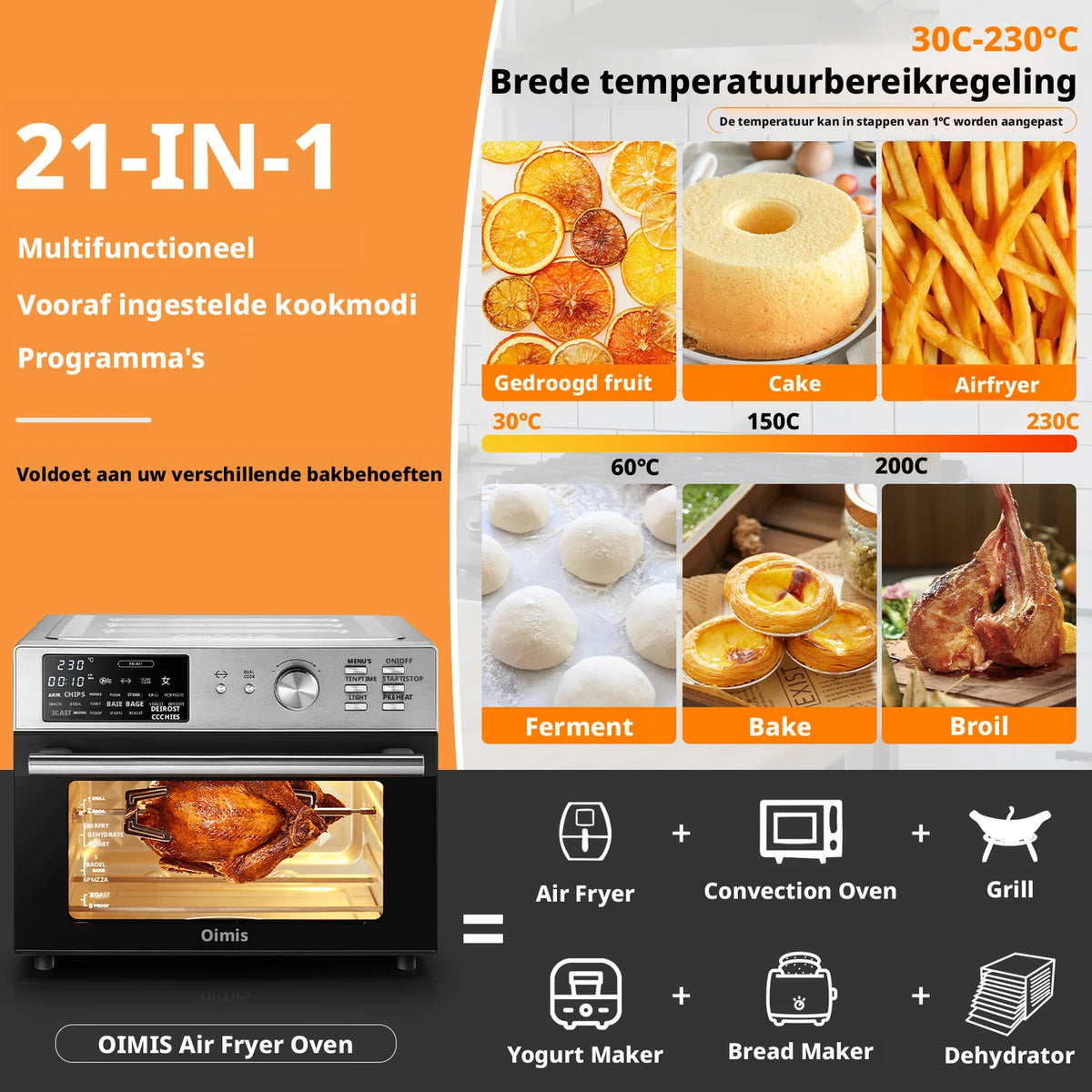 Four à convection Oimis 30 litres - 21 programmes avec broche et fonction de séchage - 1 800 W - 45,6 x 43 x 36,5 cm - Acier inoxydable argenté