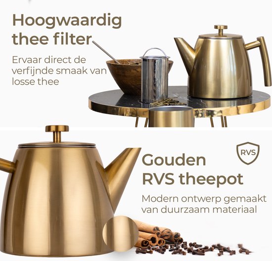 Vaja® Théière Juliette Gold - Double paroi - 1 litre - Théière en acier inoxydable avec filtre et porte-bouillon
