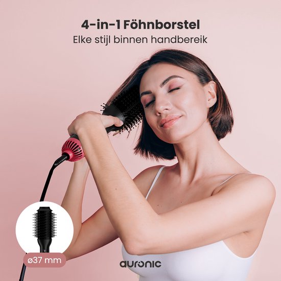 Auronic 4-in-1 Hairdryer Brush - Airstyler - Combs - Styles - Curls - Blow-dry - 37 mm Curling Brush - 360 Degree Airflow - Black/Pink