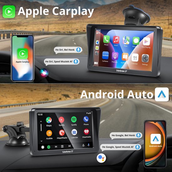 Vertrex Smart Car Display - Écran compatible avec Carplay et Android Auto - Car Play - Sans fil - 7 pouces - Écran tactile - Noir