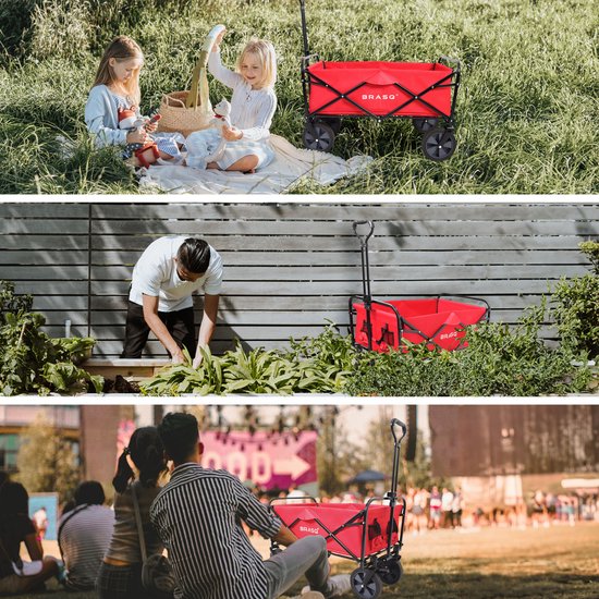BRASQ Chariot pliable - 100 litres - Capacité 80 KG - Roues pivotantes avec frein - 90x51x100 CM - Poignée réglable - Chariot pliable - Compact - Rouge