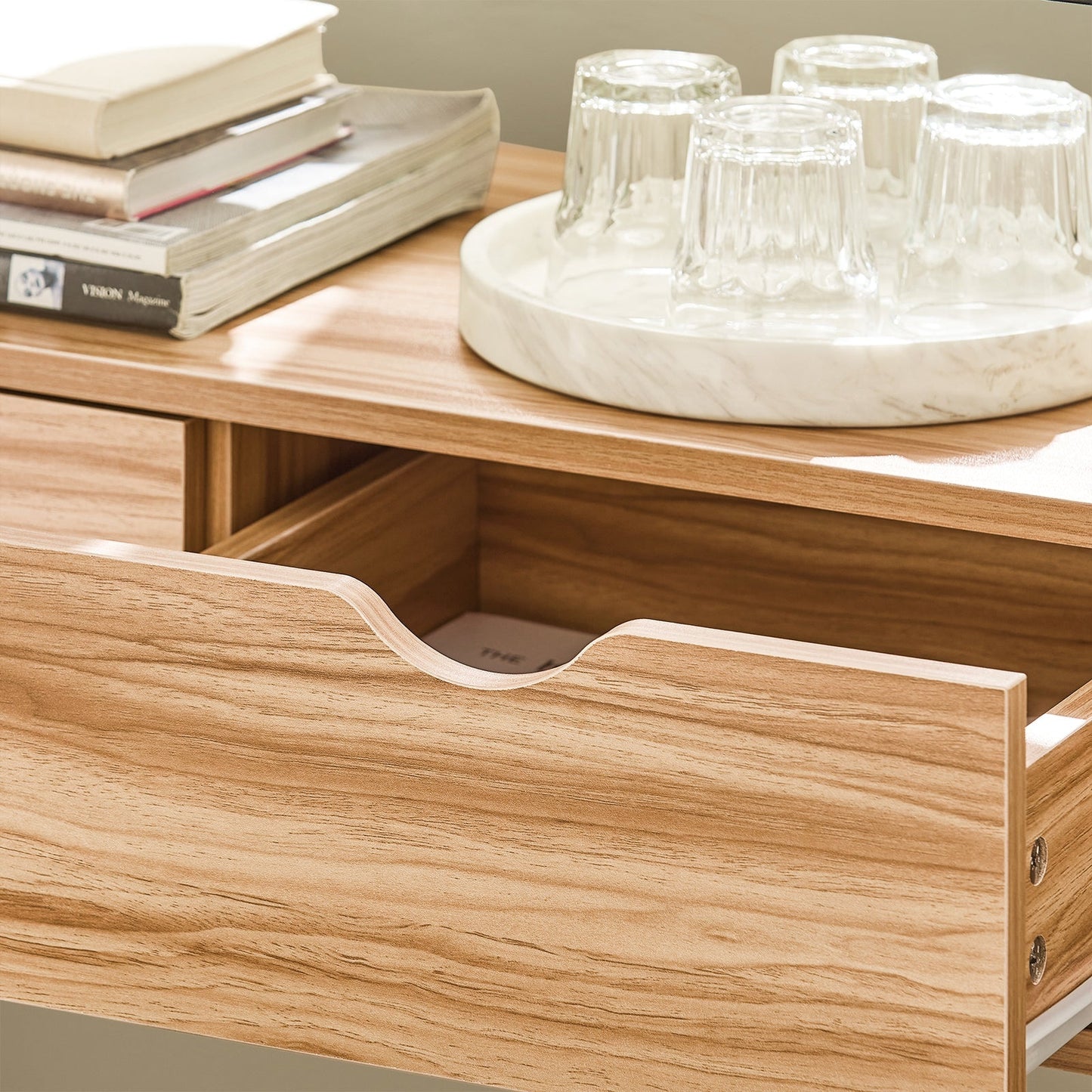 SoBuy Table d'appoint avec plateau en verre - Avec 2 tiroirs - Max. 40 kg - 81 x 35 x 78 cm - Bois/ Fer