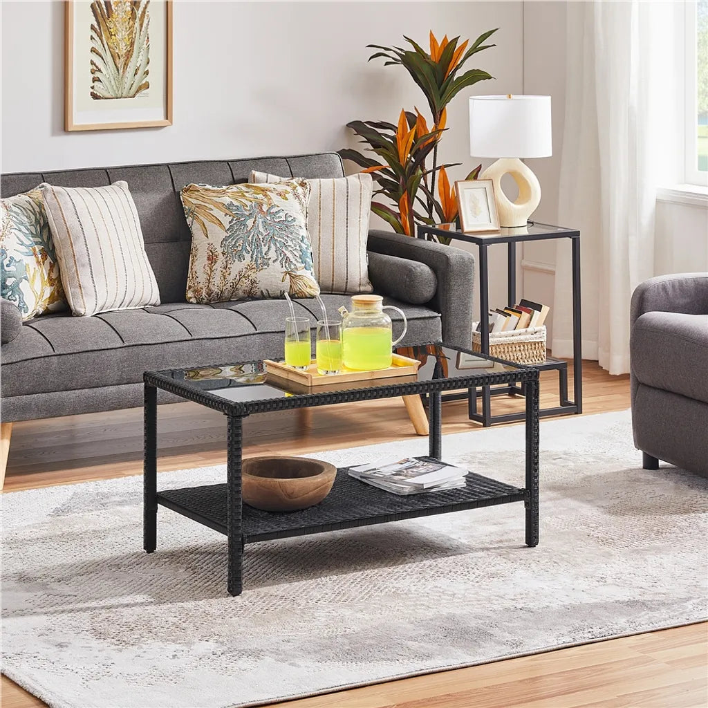 Yaheetech Table basse en rotin - Table d'appoint - Avec plateau en verre - Avec étagère - Intérieur/extérieur - Gris