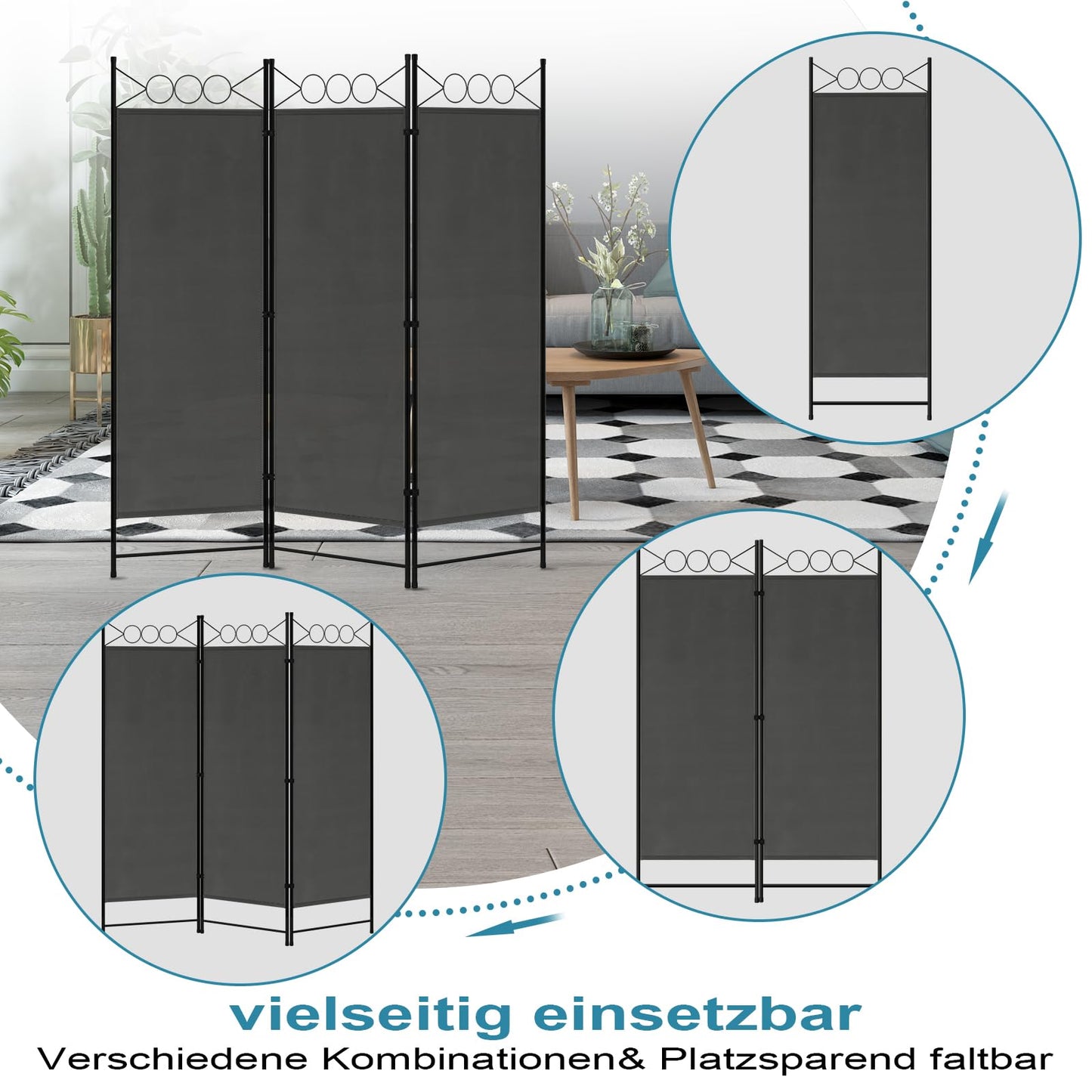 Paravent Woltu - 3 panneaux - Pliable - 167 x 172 cm - Gris foncé