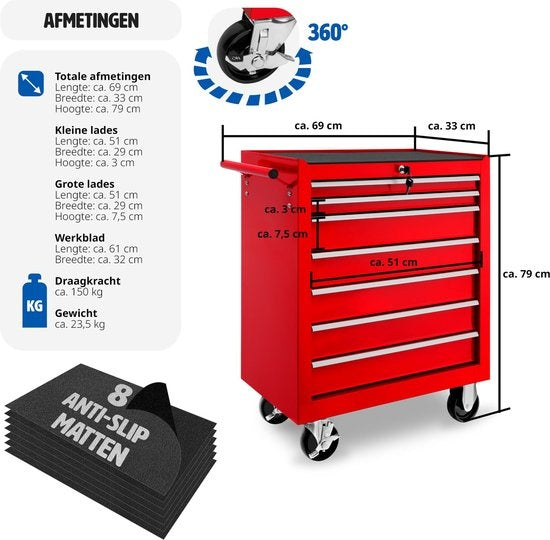 tectake® - Chariot à outils avec 7 tiroirs - chariot d'atelier, atelier mobile, chariot à outils vide, boîte à outils, 7 tiroirs, 69 x 33 x 79 cm, roues avec frein, incl. 2 clés - rouge