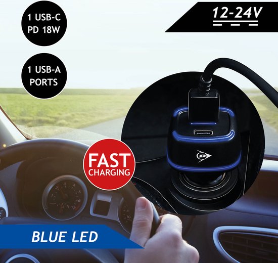 Chargeur de voiture USB Dunlop - Avec connexion USB-A et USB-C - Power Delivery/ Fast Charge 18W - Connexion à l'allume-cigarette de la voiture - Plastique - Noir