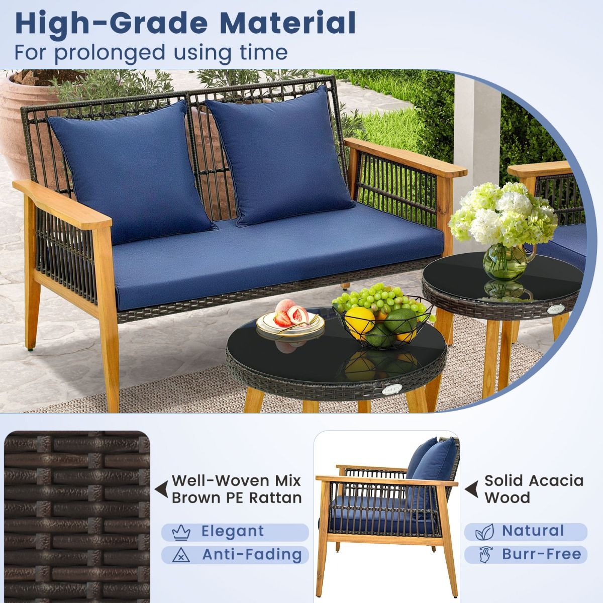 Coast 5-Piece Rattan Outdoor Furniture Set Brown with Navy Blue Cushions - 2 Chairs, Loveseat and 2 Coffee Tables (Chair 75x76x80 cm, Loveseat 132x76x80 cm, Table Ø48 cm & 60x38 cm)
