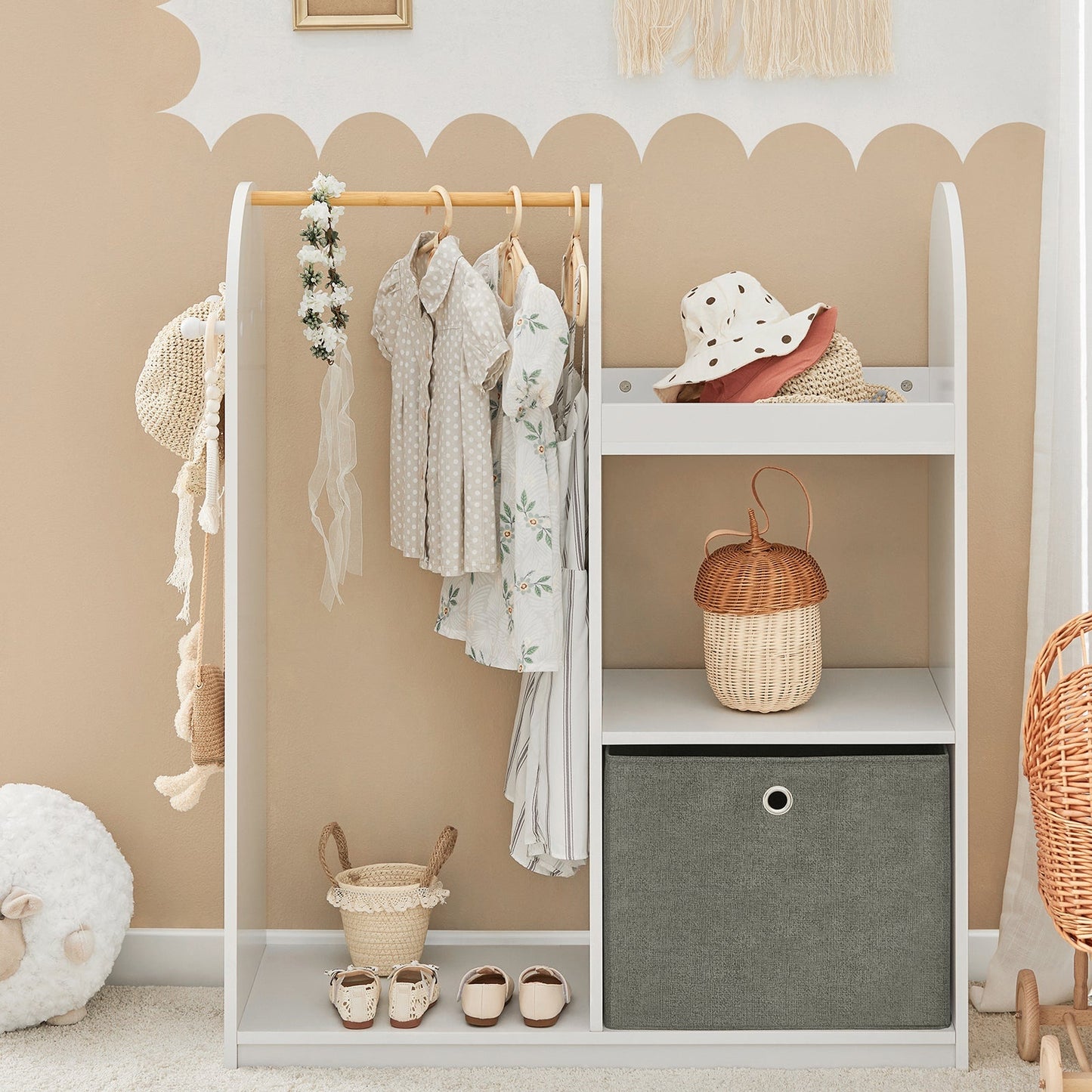 SoBuy Armoire enfant - 3 étagères 1 panier 3 crochets - blanc - 97 x 35 x 108 cm
