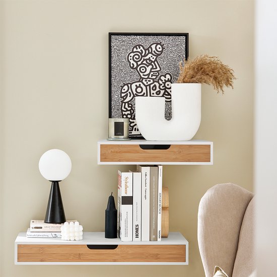 SoBuy Wall Regal-Set - Meuble à tiroirs - Blanc - 1 tiroir - 1 étagère - 24x40x8 cm | FRG92-WNX2