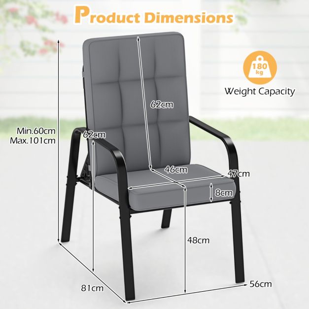 Coast Terrace Chairs Set of 2 - Adjustable - Cushions - Metal - Grey/Black