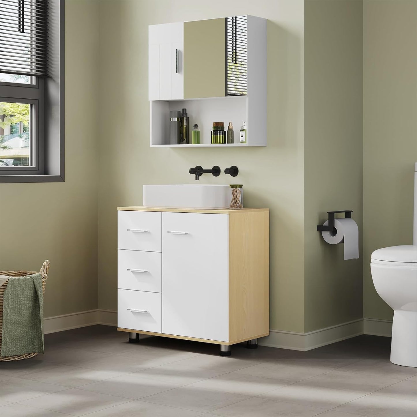 Meuble de salle de bains Eugad blanc/chêne clair - 60 x 60 x 30 cm - 3 tiroirs - Étagère réglable