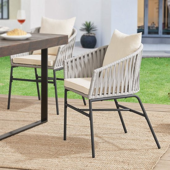 2 Chaises de jardin avec filet en corde - Gris clair - Coussins d'assise et de dossier inclus