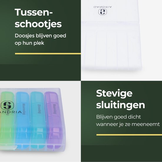 Pilulier Gandria 7 jours - Pilulier amovible - Boîte à médicaments avec 21 compartiments - Boîte à médicaments avec fermeture solide - 3 compartiments par jour - 7 couleurs