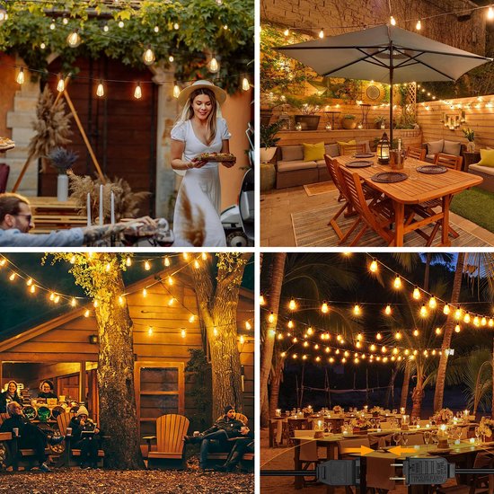Partizzle 15m LED Guirlande lumineuse Edison - 25 Lampes - Guirlande lumineuse de Noël étanche pour terrasse extérieure et camping - Lumières de Noël / Lumières de jardin - 2700k / Blanc chaud