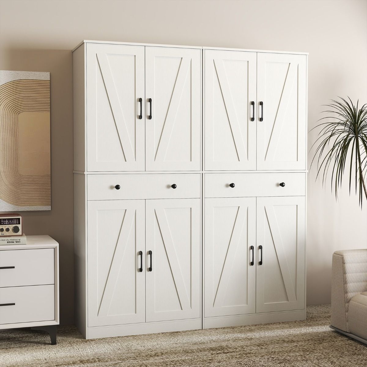 Coast Kitchen Cupboard 77x39x183 cm White - Armoire moderne de style Farmhouse avec 4 portes grillagées, 3 étagères réglables, un tiroir et un système anti-basculement