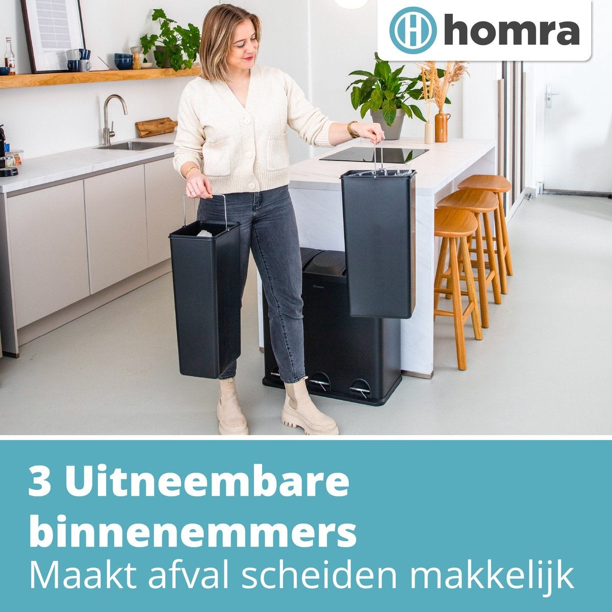 Poubelle a 3 compartiments - Homra MAXER - Poubelle 60 litres (3x 20L) - Noir