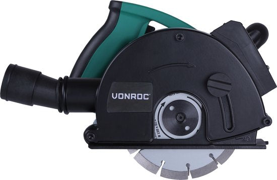 VONROC Tronçonneuse murale avec laser - 1700W - 150mm - 6 disques diamantés, adaptateur pour aspirateur et sac de rangement inclus