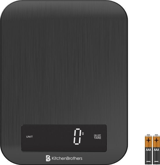KitchenBrothers Kitchen scale - Balance de cuisine - Numérique - 1g à 10kg - Piles incluses - Acier inoxydable/Noir Gunmetal